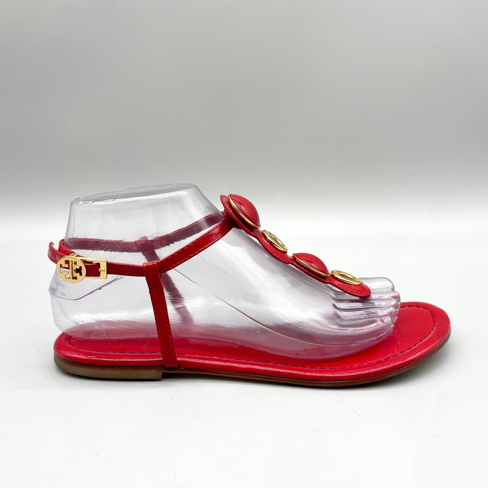 Tory Burch Womens 7M Logo T-Strap Flat Sandals Red Patent Leather Chic Preppy